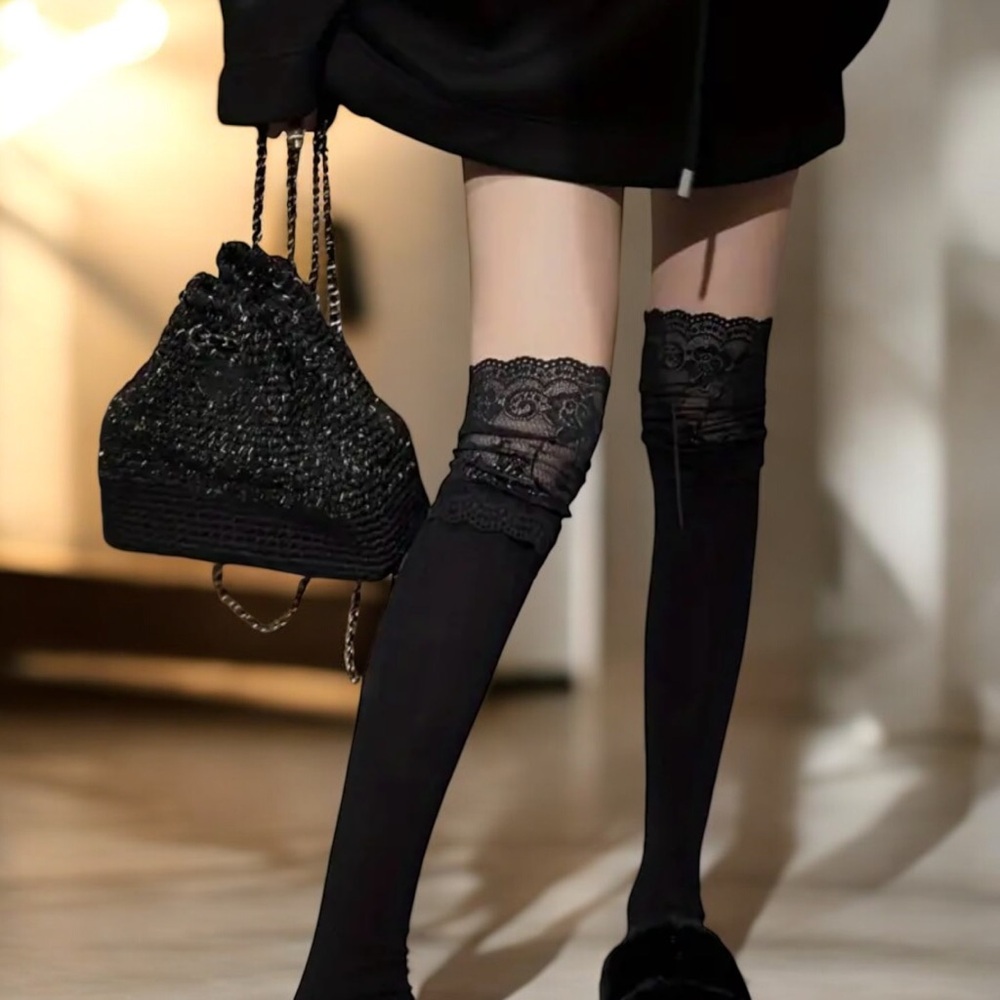 Cozy Black Lace Knee High Socks‎ Soft Warm Over the Knee Long Sleeve Stockings